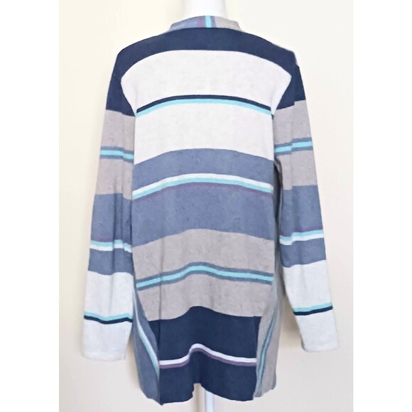 J Jill Cotton Cardigan Gray Blue Stripes Open Drape Front Pockets Sz M - Picture 5 of 7